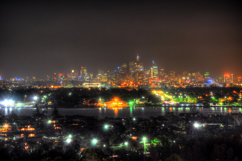 City Skyline at Night — Black, Dark, Photograph, Buildings, River