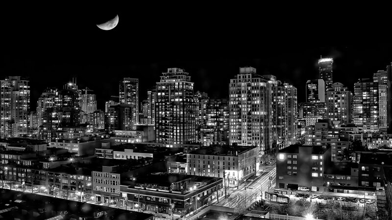 City Skyline at Night — Black, Dark, Photograph, Moon, Skyscrapers