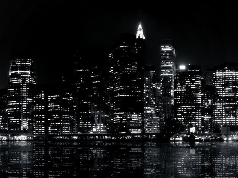 City Skyline at Night — Black, Dark, Photograph, Skyscrapers, Water