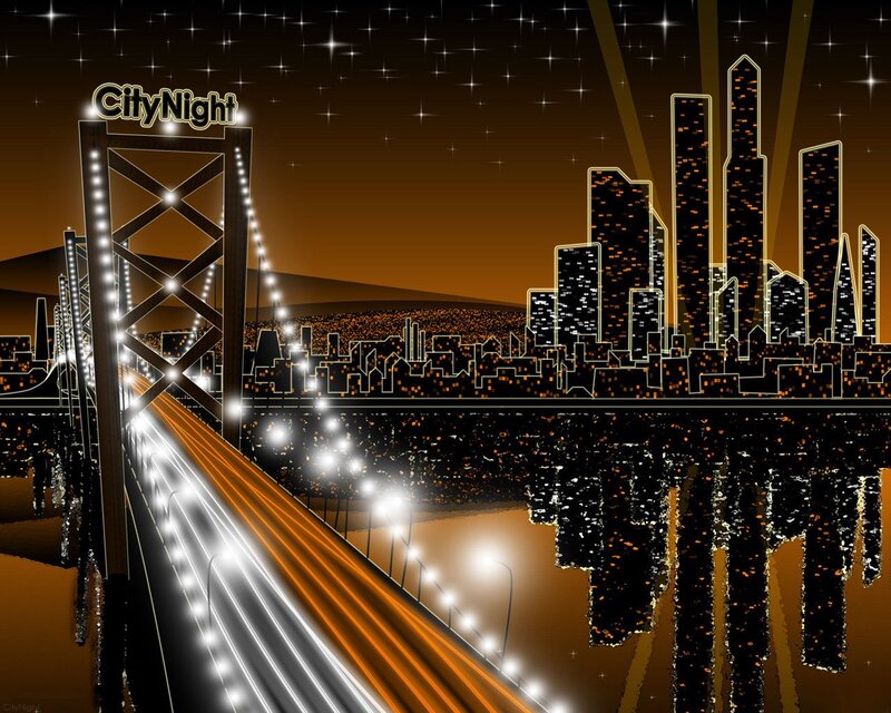 City Skyline at Night — Black, Dramatic, Digital Art, Bridge, Skyscraper