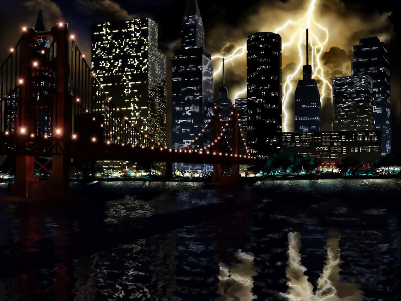 City Skyline at Night — Black, Dramatic, Digital Art, Bridge