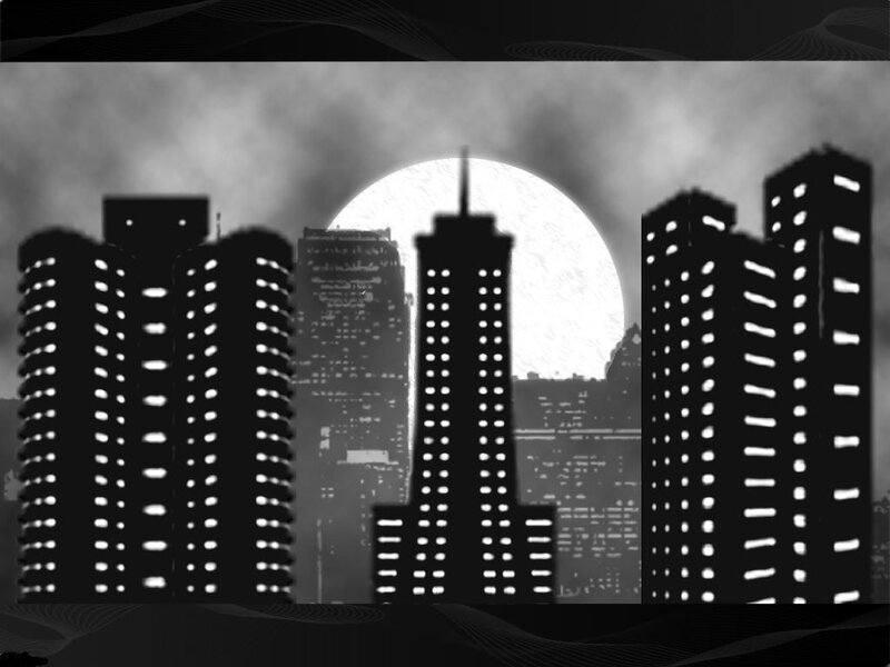 City Skyline at Night — Black, Dramatic, Digital Art, Moon, Skyscrapers
