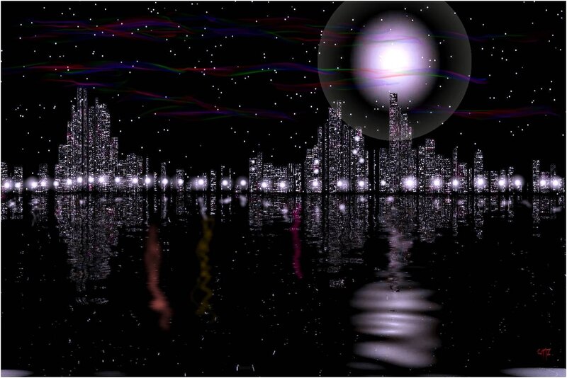 City Skyline at Night — Black, Dramatic, Digital Art, Moon