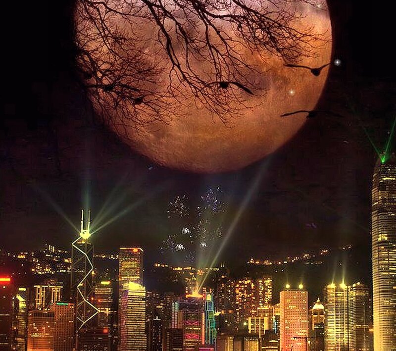 City Skyline at Night — Black, Dramatic, Digital Art, Moon, Trees