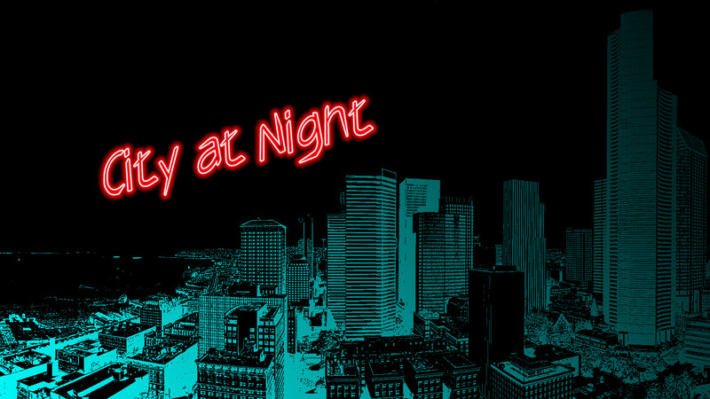 City Skyline at Night — Black, Dramatic, Digital Art, Neon Sign