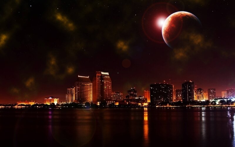 City Skyline at Night — Black, Dramatic, Digital Art, Planet