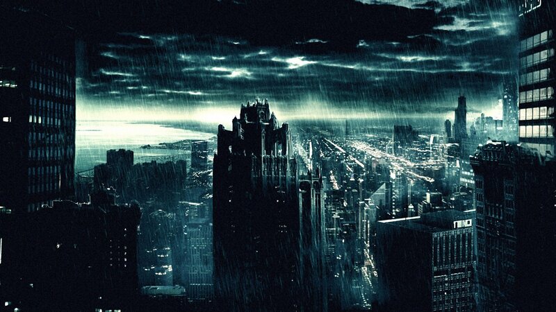 City Skyline at Night — Black, Dramatic, Digital Art, Rain