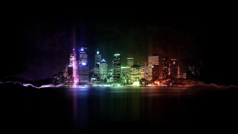 City Skyline at Night — Black, Dramatic, Digital Art, Skyscraper, River, Lights
