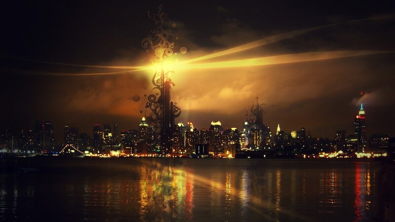 City Skyline at Night — Black, Dramatic, Digital Art, Skyscraper, River