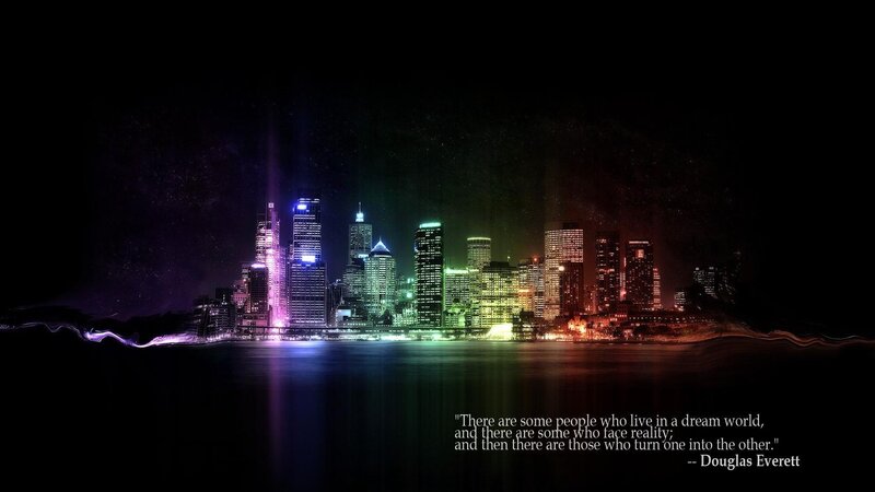 City Skyline at Night — Black, Dramatic, Digital Art, Skyscraper, Water