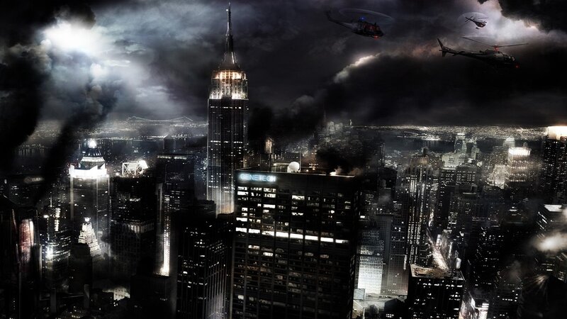 City Skyline at Night — Black, Dramatic, Digital Art, Skyscrapers, Helicopters, Smoke