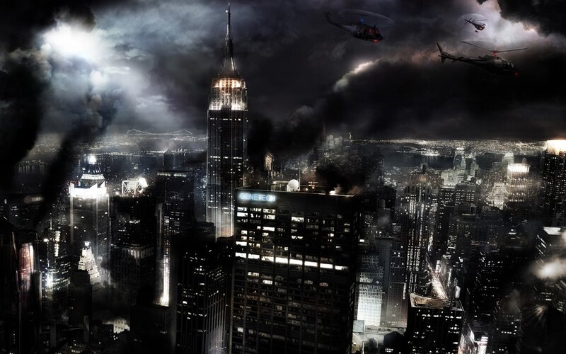 City Skyline at Night — Black, Dramatic, Digital Art, Skyscrapers, Helicopters
