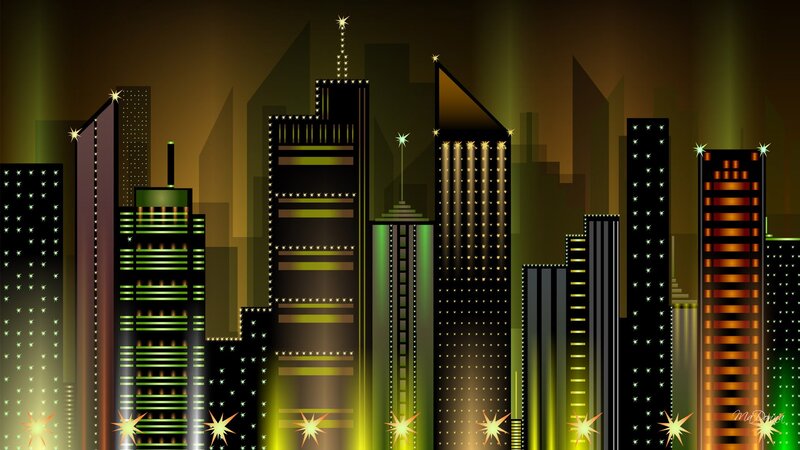 City Skyline at Night — Black, Dramatic, Digital Art, Skyscrapers