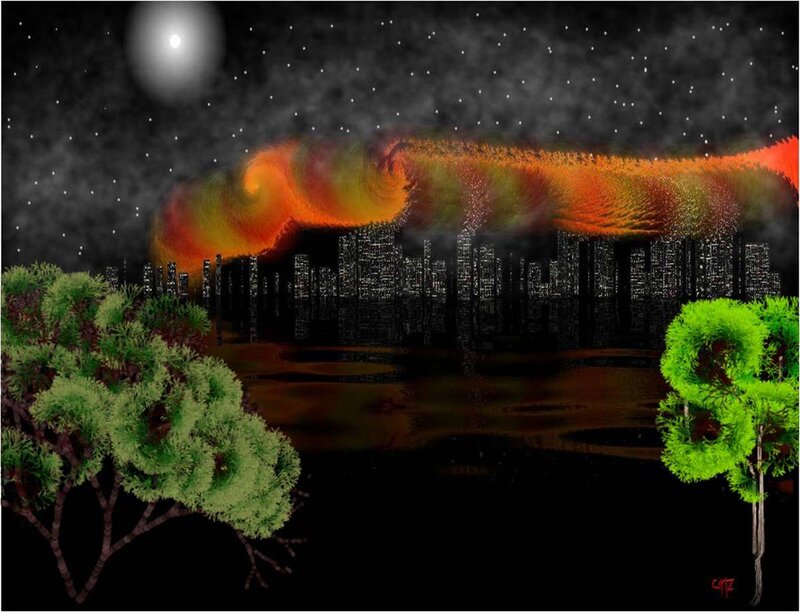 City Skyline at Night — Black, Dramatic, Digital Art, Trees