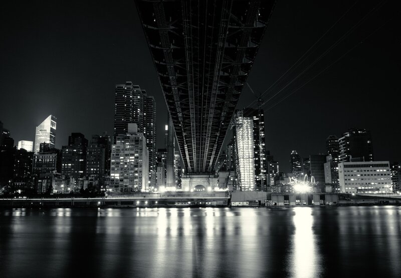 City Skyline at Night — Black, Dramatic, Photograph, Bridge