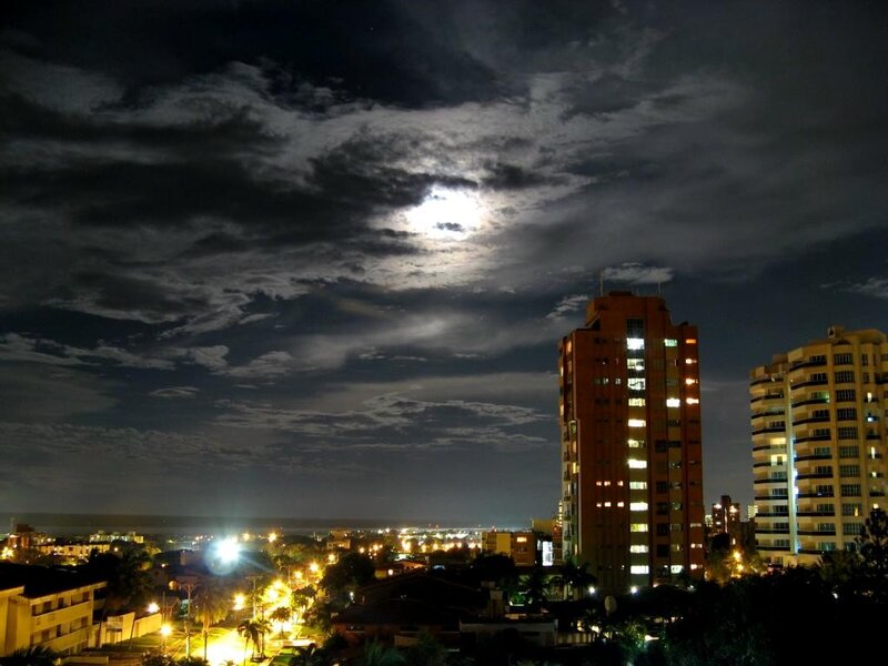 City Skyline at Night — Black, Dramatic, Photograph, Buildings, Moon