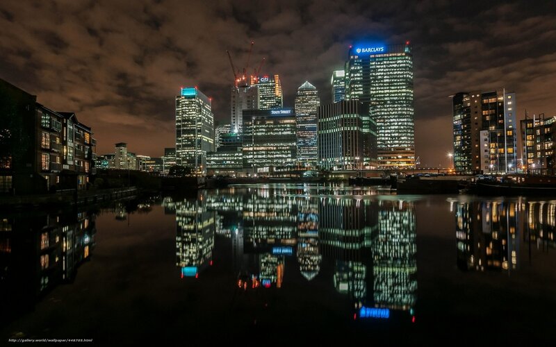 City Skyline at Night — Black, Dramatic, Photograph, Buildings, River