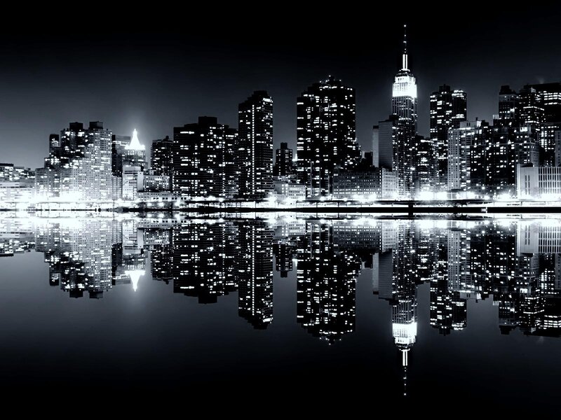 City Skyline at Night — Black, Dramatic, Photograph, Buildings, Water, Reflection