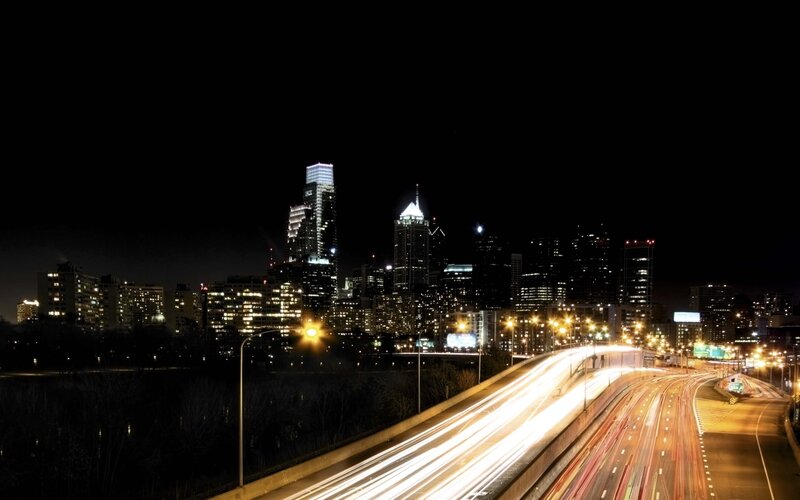 City Skyline at Night — Black, Dramatic, Photograph, Highway, Skyscrapers