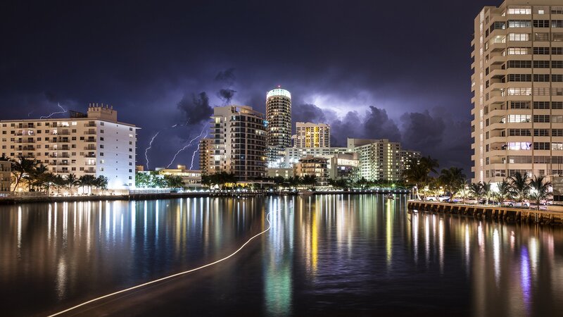 City Skyline at Night — Black, Dramatic, Photograph, Lightning, Buildings