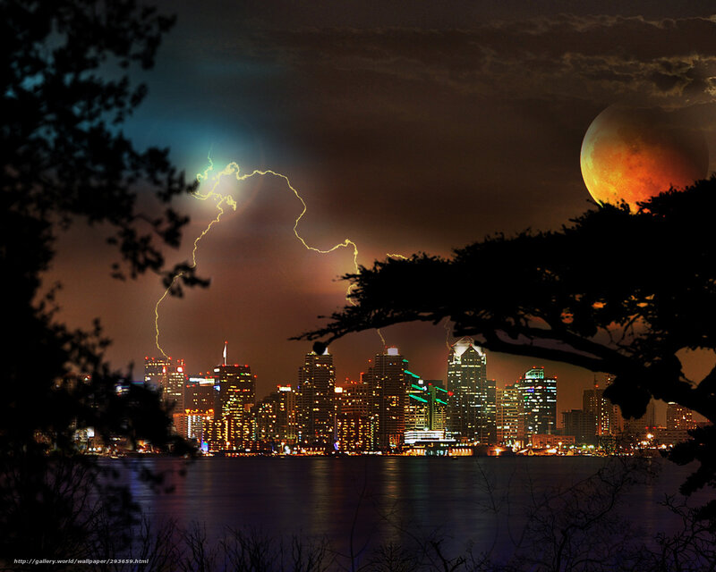 City Skyline at Night — Black, Dramatic, Photograph, Lightning, Moon