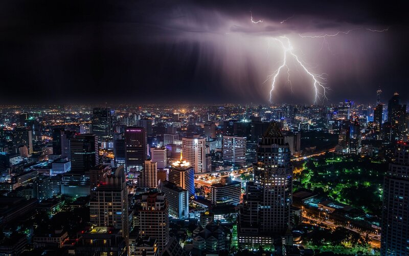 City Skyline at Night — Black, Dramatic, Photograph, Lightning, Skyscrapers, Park