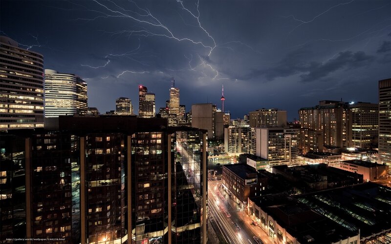City Skyline at Night — Black, Dramatic, Photograph, Lightning