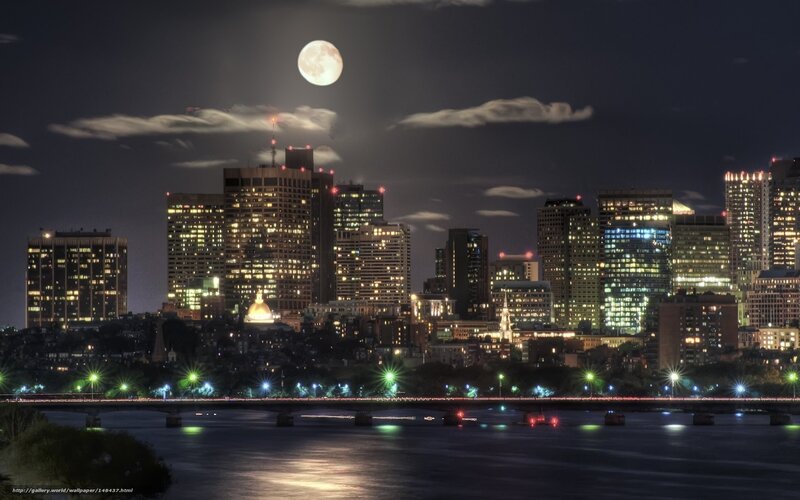 City Skyline at Night — Black, Dramatic, Photograph, Moon, Bridge