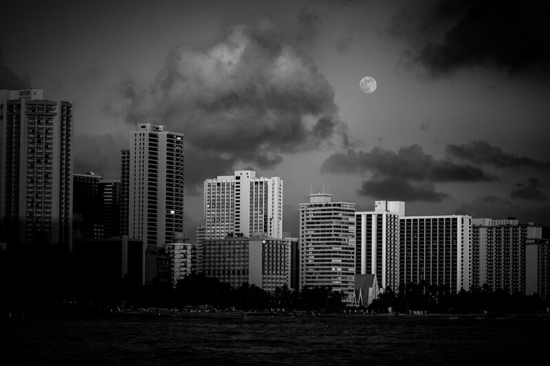 City Skyline at Night — Black, Dramatic, Photograph, Moon, Clouds, Buildings