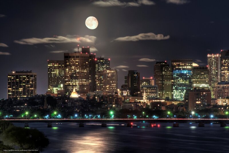 City Skyline at Night — Black, Dramatic, Photograph, Moon, River
