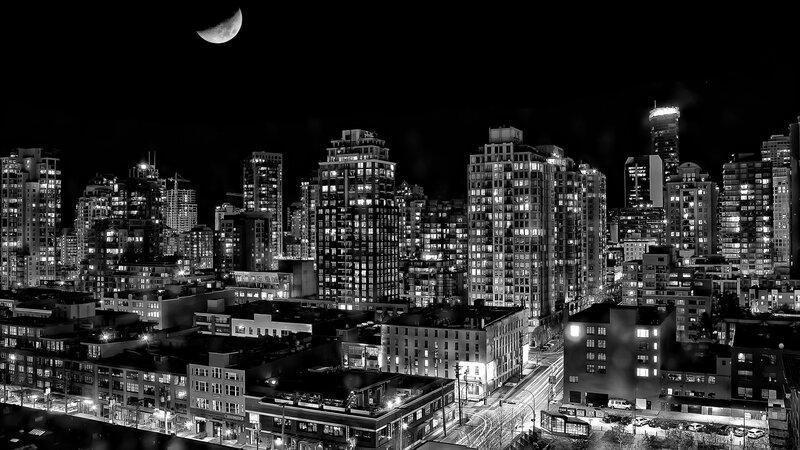 City Skyline at Night — Black, Dramatic, Photograph, Moon, Skyscrapers, Streets