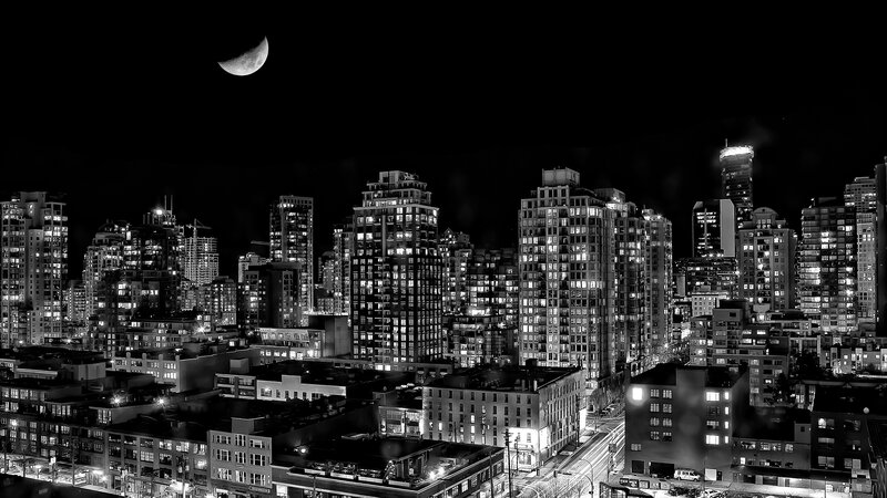 City Skyline at Night — Black, Dramatic, Photograph, Moon, Skyscrapers, Streets, White
