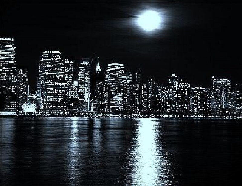 City Skyline at Night — Black, Dramatic, Photograph, Moon