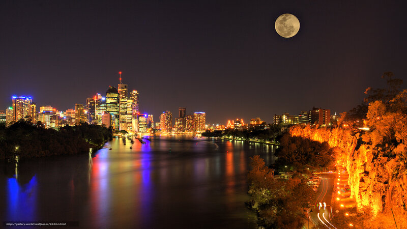 City Skyline at Night — Black, Dramatic, Photograph, River, Moon