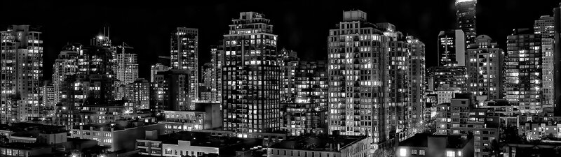 City Skyline at Night — Black, Dramatic, Photograph, Skyscrapers, Buildings
