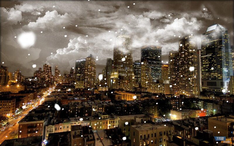 City Skyline at Night — Black, Dramatic, Photograph, Skyscrapers, Clouds