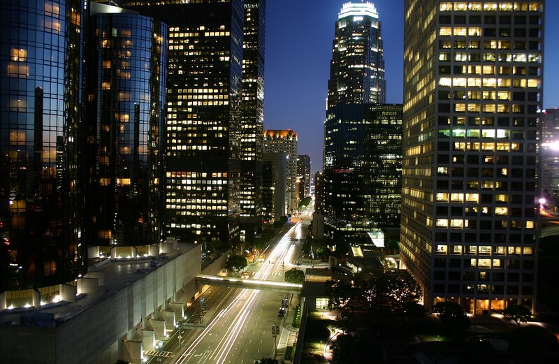 City Skyline at Night — Black, Dramatic, Photograph, Skyscrapers, Highway