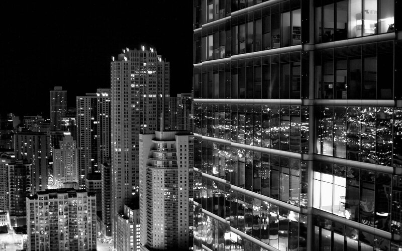 City Skyline at Night — Black, Dramatic, Photograph, Skyscrapers, Lights