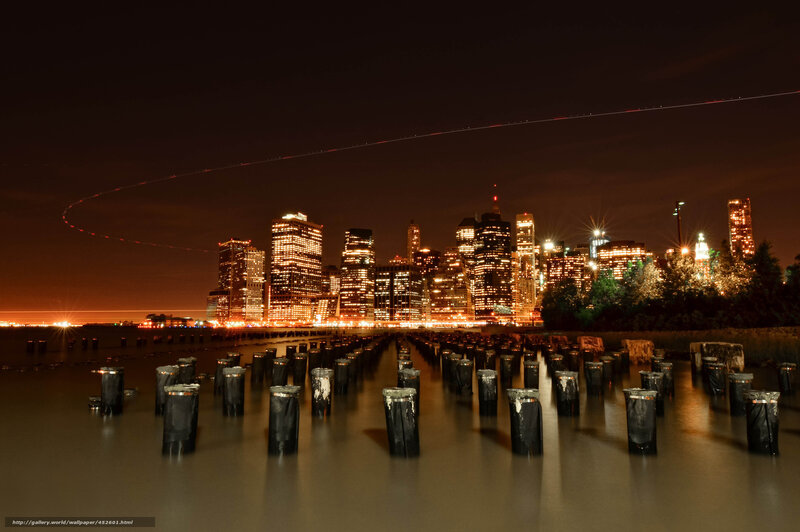 City Skyline at Night — Black, Dramatic, Photograph, Skyscrapers, Pilings