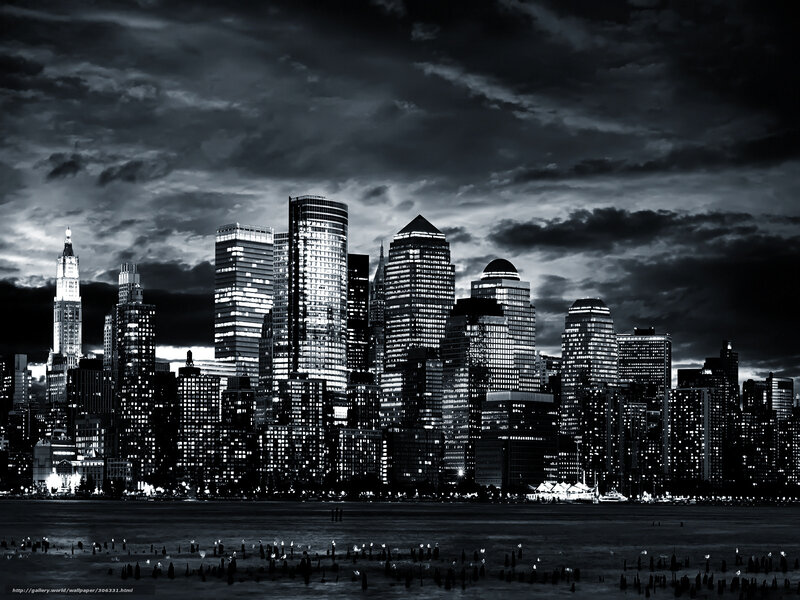 City Skyline at Night — Black, Dramatic, Photograph, Skyscrapers, Water