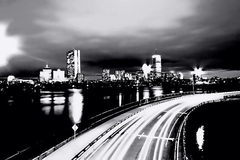 City Skyline at Night — Black, Dramatic, Photograph