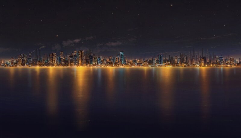 City Skyline at Night — Black, Serene, Digital Art