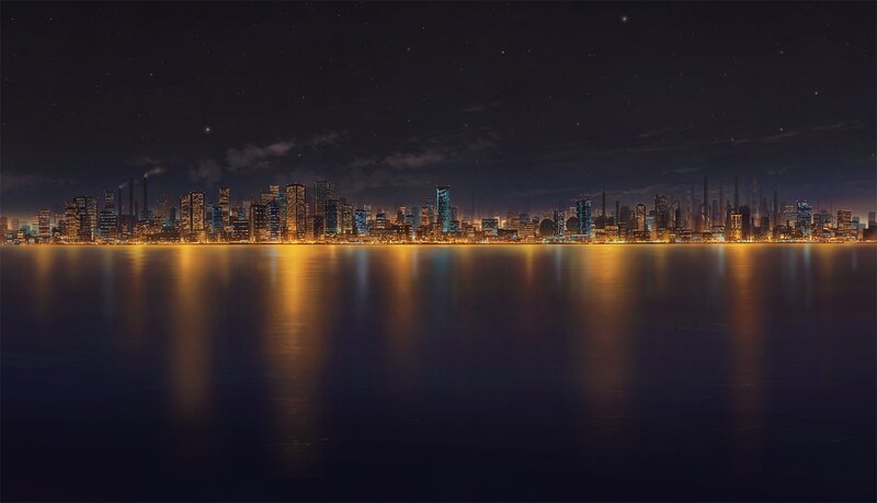 City Skyline at Night — Black, Serene, Digital Art, Water