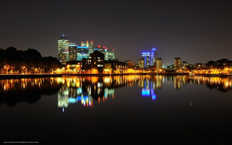 City Skyline at Night — Black, Serene, Photograph, Buildings, River