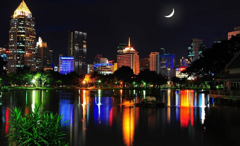 City Skyline at Night — Black, Serene, Photograph, Moon, Lake
