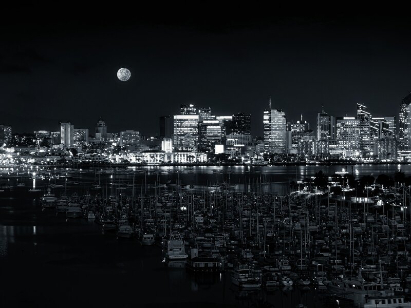 City Skyline at Night — Black, Serene, Photograph, Moon, Marina
