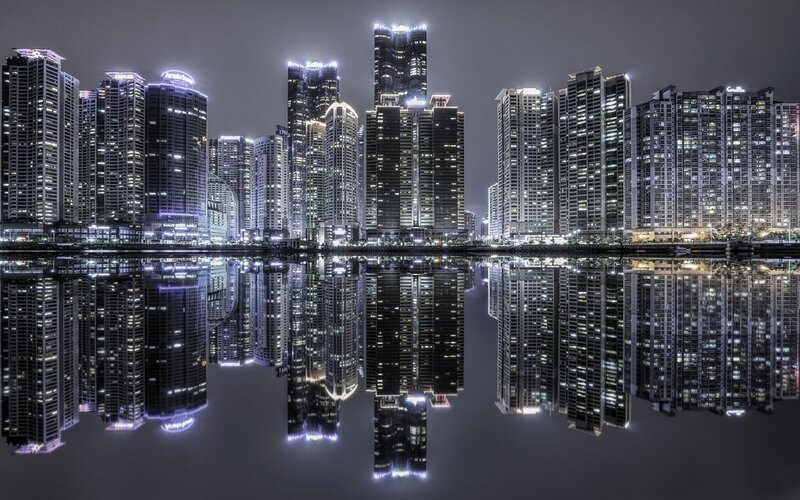 City Skyline at Night — Black, Serene, Photograph, Skyscrapers