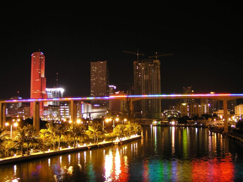 City Skyline at Night — Black, Urban, Photograph, Bridge