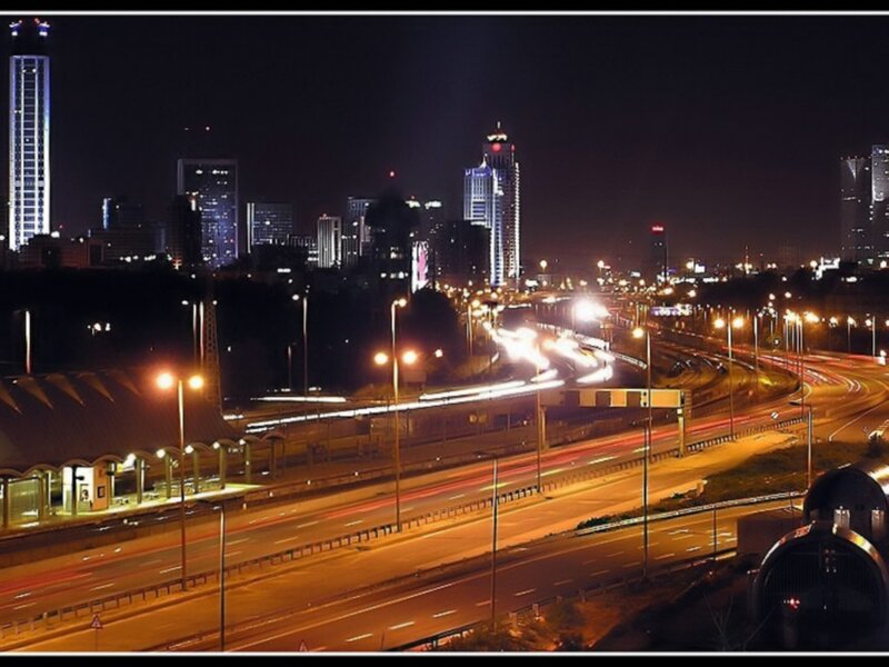 City Skyline at Night — Black, Urban, Photograph, Highway