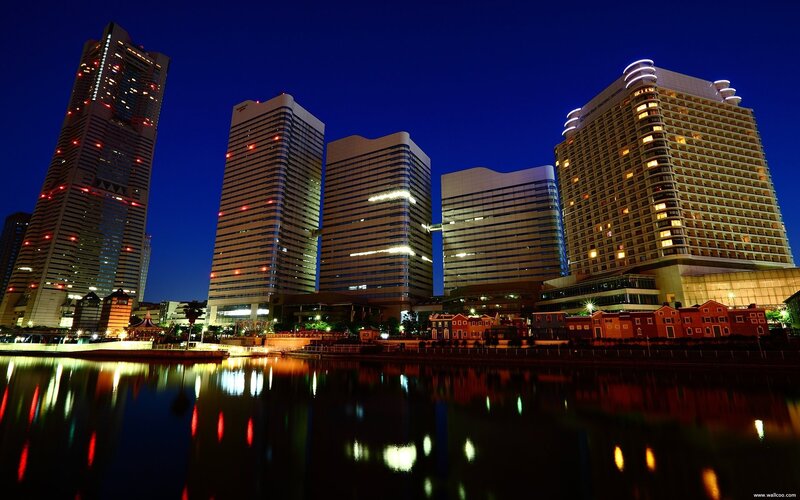 City Skyline at Night — Blue, Calm, Photograph, Buildings, River, Lights, Black
